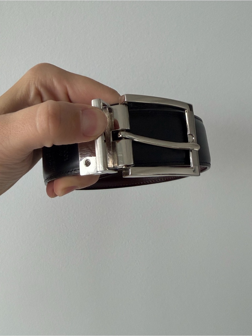 Men's Black Leather Dress Belt with Silver Buckle